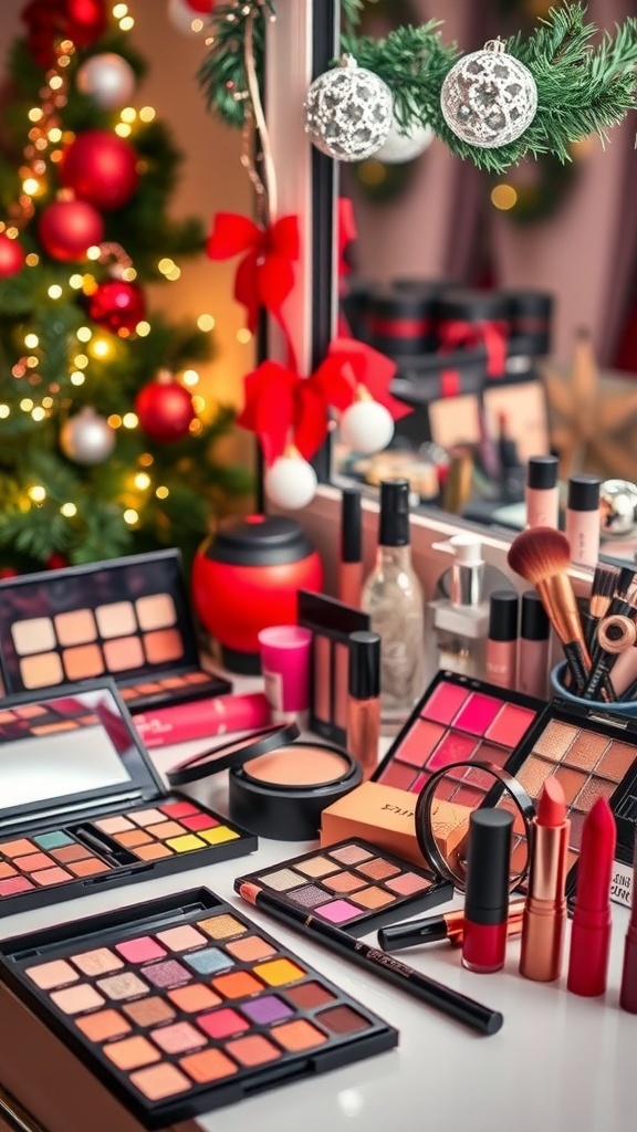 A collection of Christmas makeup products including eyeshadow palettes, lipsticks, and highlighters on a festive vanity.